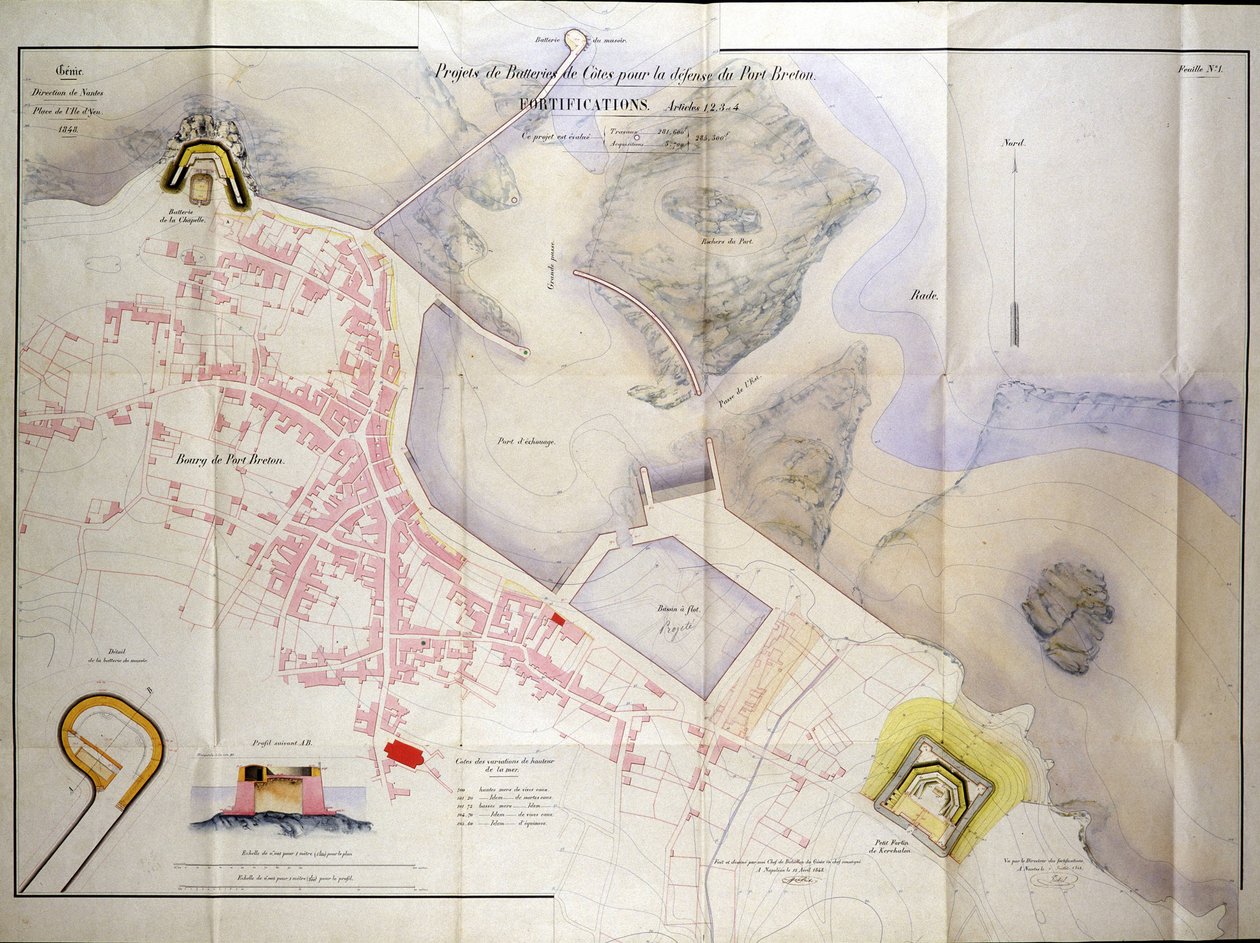 Plán na stavbu pobřežních baterií pro obranu bretonského přístavu v roce 1848. od French School