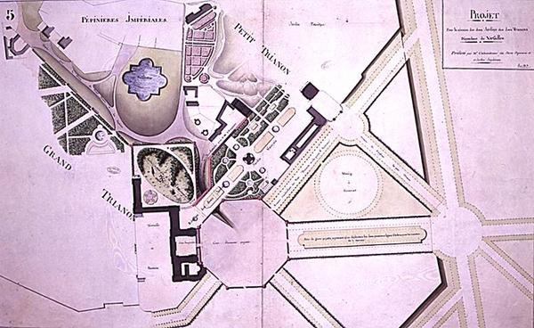 Plán z „Projektu pro sloučení dvou zahrad dvou Trianonů“ ve Versailles, červenec 1808 (pero, inkoust a akvarel na papíře) od French School