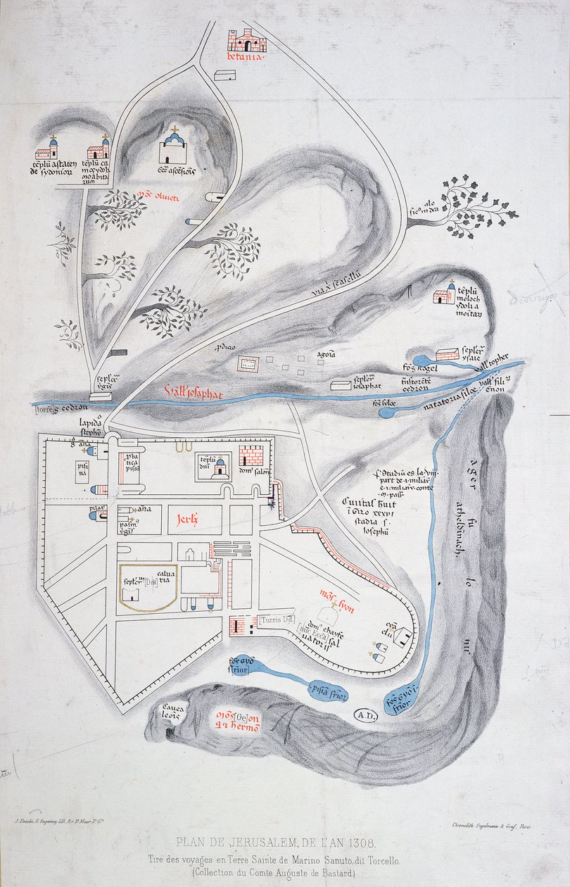 Plán Jeruzaléma v roce 1308, ilustrace z faksimile vydání Liber de Expeditione Terrae Sanctae od Marina Sanuta di Torcello (asi 1260-1338) od French School
