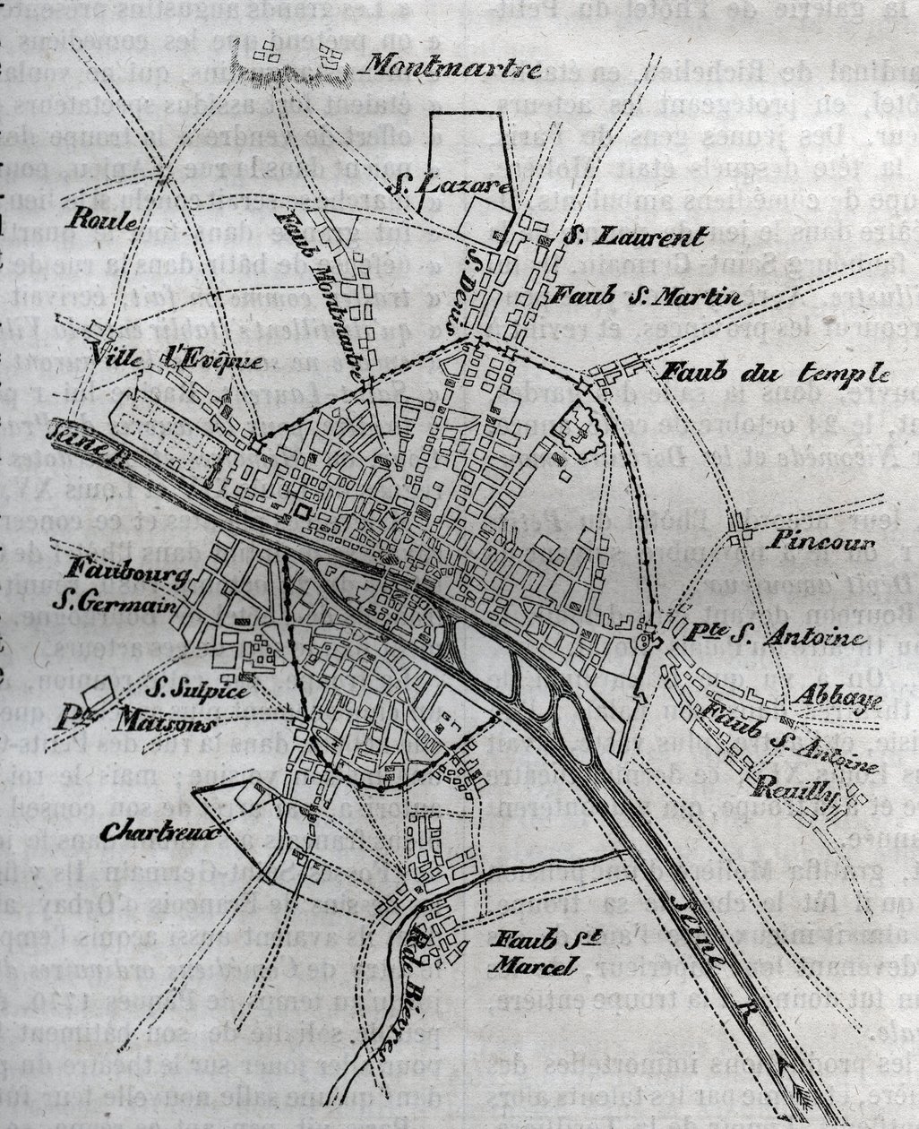 Mapa Paříže za Jindřicha III. (1580) Rytina do „Fyzické, občanské a morální historie Paříže: od nejstarších historických dob po současnost““ od Jacquese Antoine Dulaure od French School