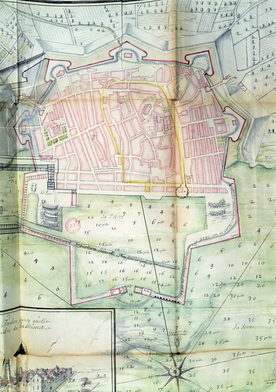 Plán Toulonu, 1669 (pero, inkoust a wc na papíře) od French School