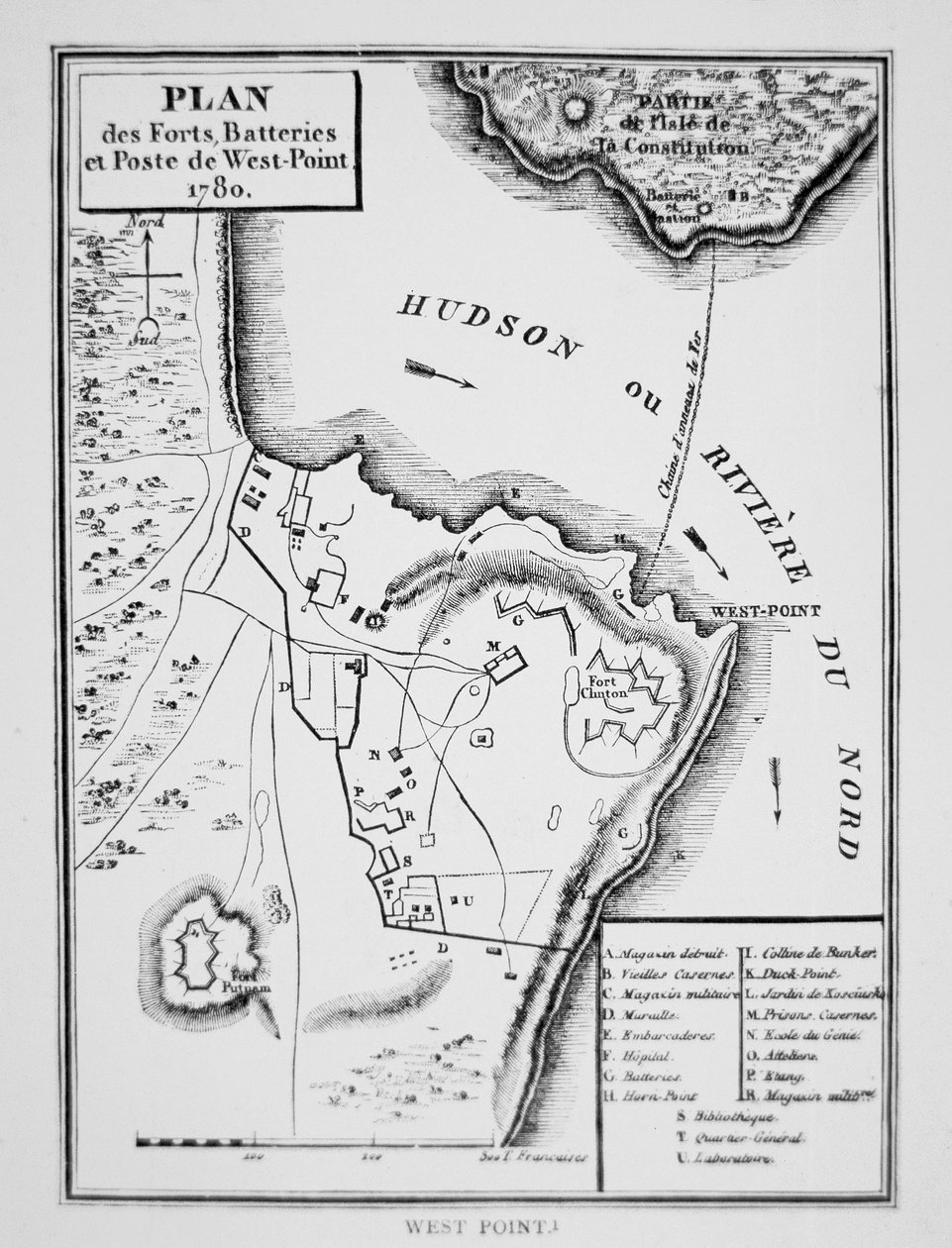 Plán West Point, klíčová pevnost, kterou Benedict Arnold plánoval dodat Britům během války za nezávislost (litho) od French School