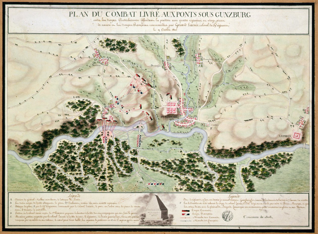 Plán událostí v bitvě u Gunzburgu mezi rakouskými a francouzskými vojsky v roce 1805, 1808 od French School