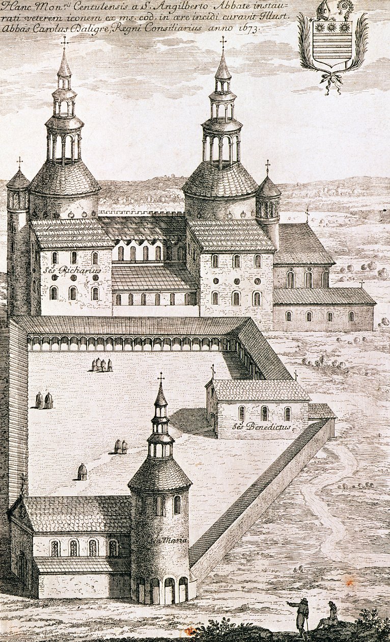 Plán benediktinského opatství Saint-Riquier v roce 1673 od French School