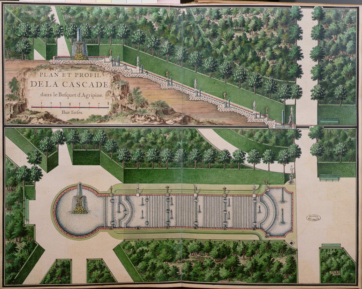 Plán kaskády v háji Agrippina, ze zahrad v Marly, počátek 18. století (wc na papíře) (viz také 163976) od French School