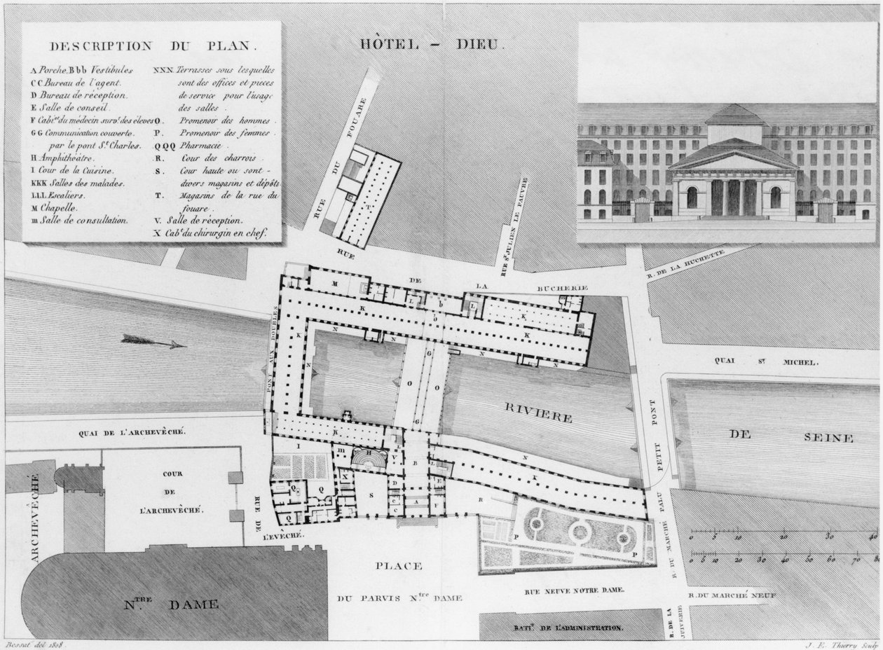 Plán Hotel-Dieu, Paříž, ilustrace z Description des Hospitals de Paris, rytý Jacques Etienne Thierry (1750-1832) po Bessatu, 1808 od French School