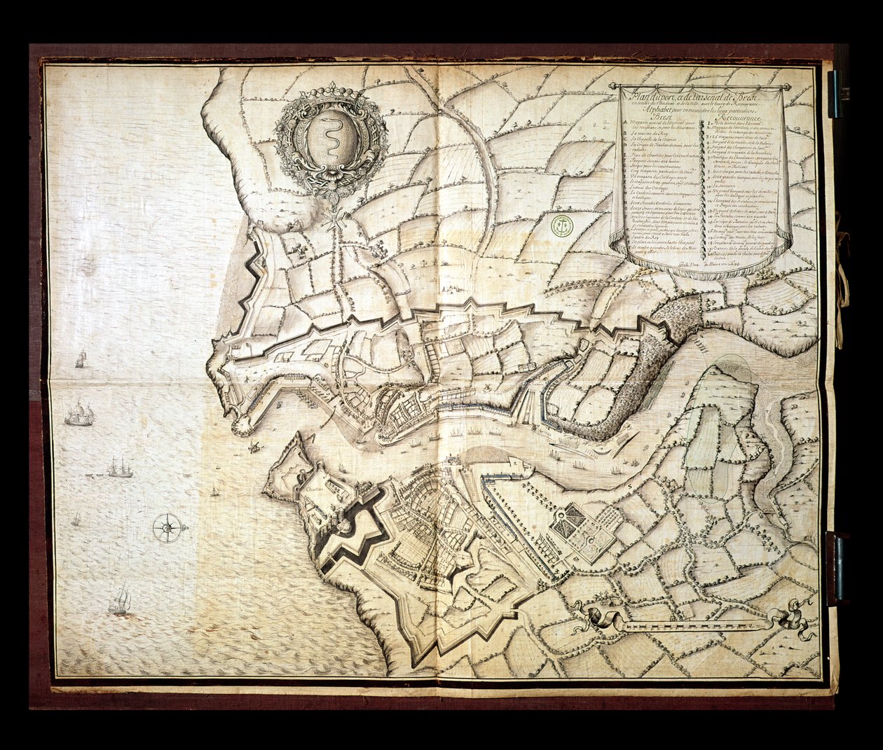 Plán přístavu a arzenálu Brest, 1676 (pero, inkoust a wc na papíře) od French School