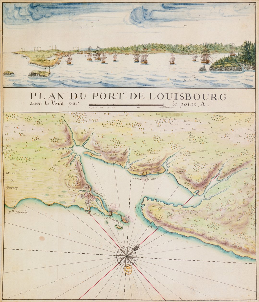 Plán přístavu Louisbourg (wc na papíře) od French School