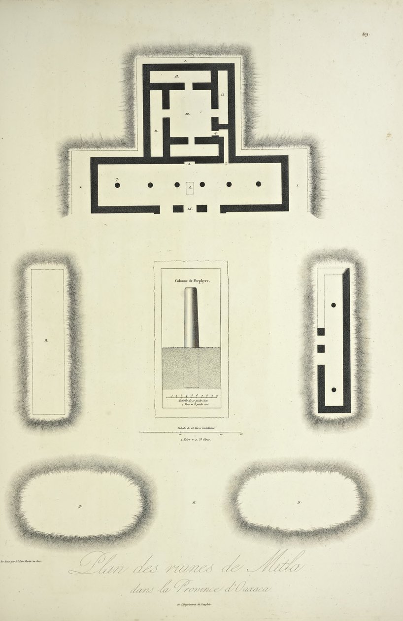 Plán ruin Mitla v provincii Oaxaca, ilustrace z „Pohledy na Kordillery a památky domorodých národů Ameriky“ od Alexandra von Humboldta a Aime Bonpland od French School