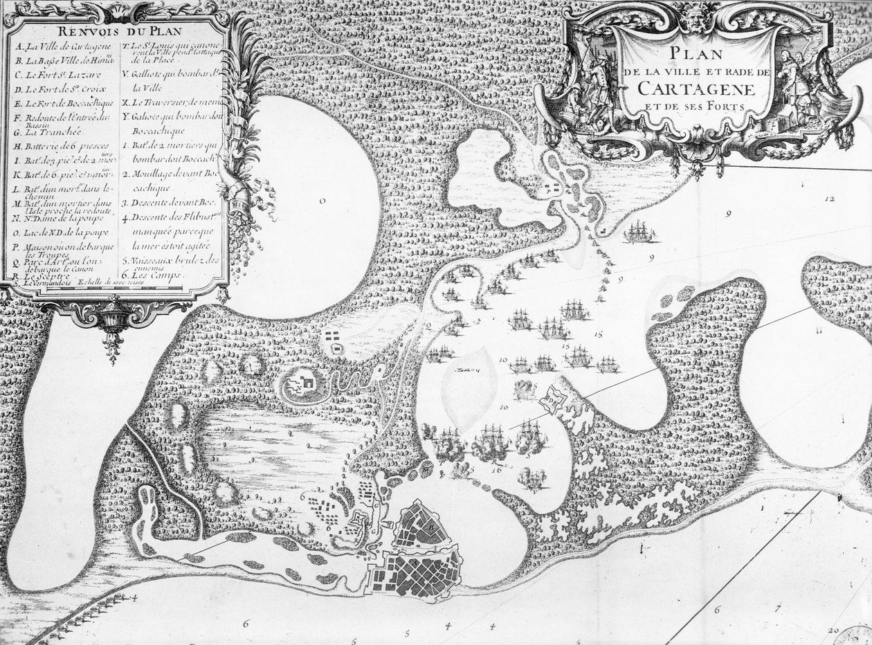 Plán města a přístavu Cartagena, Kolumbie, v roce 1697 od French School