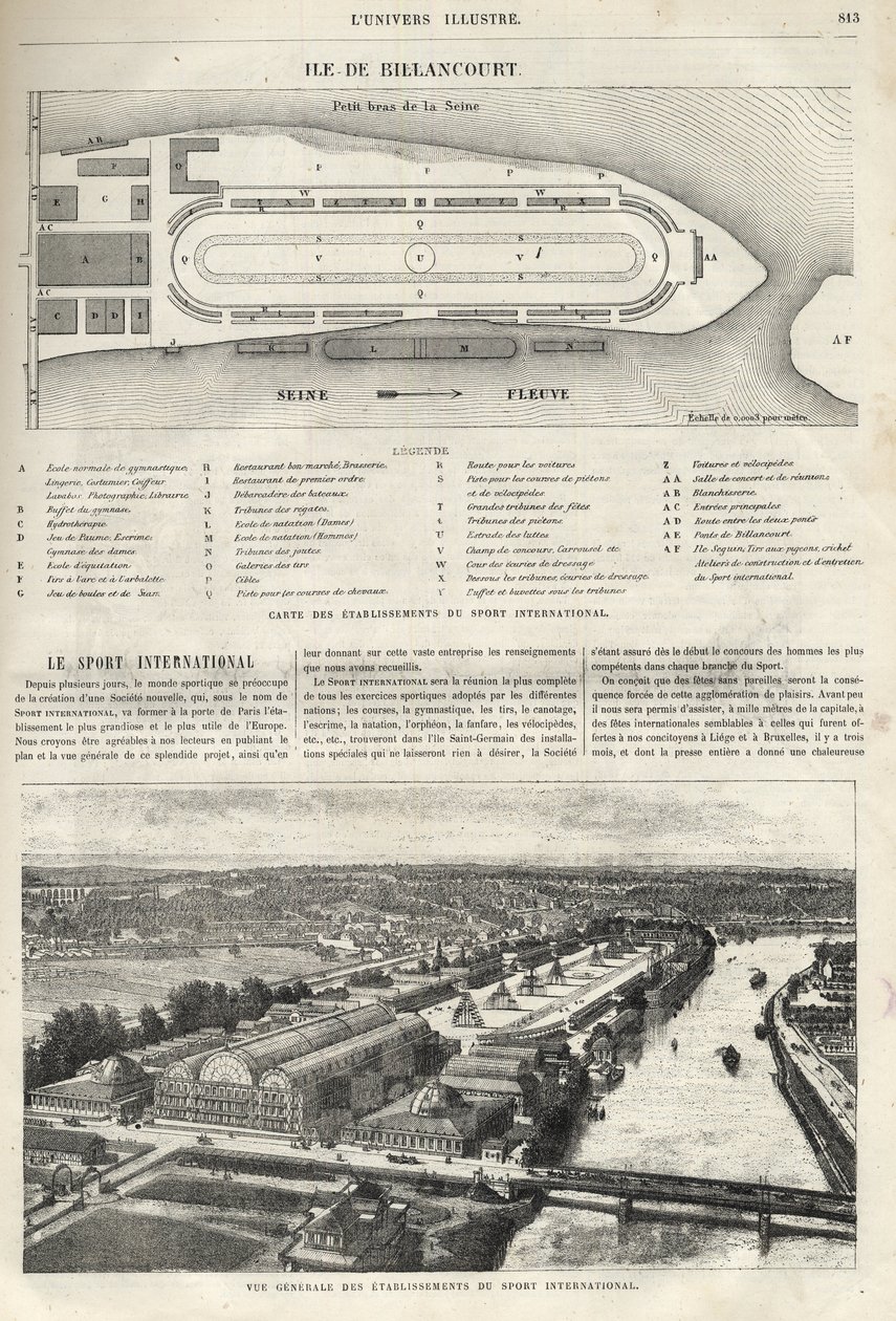 Plán založení mezinárodního sportu, který musí být postaven na ostrově Billancourt v roce 1869 - celkový pohled na založení mezinárodního sportu na ostrově Billancourt v roce 1869 od French School