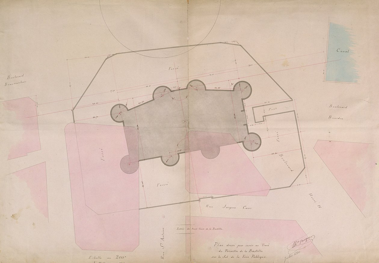 Plán ukazující obvodové linie Bastily, 1830 od French School