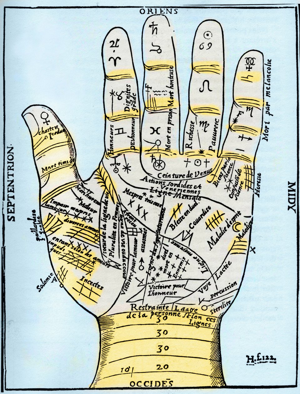 Planetární a zodiakální diagram levé ruky, z „Oeuvres Diverses“ od Jean Belot od French School