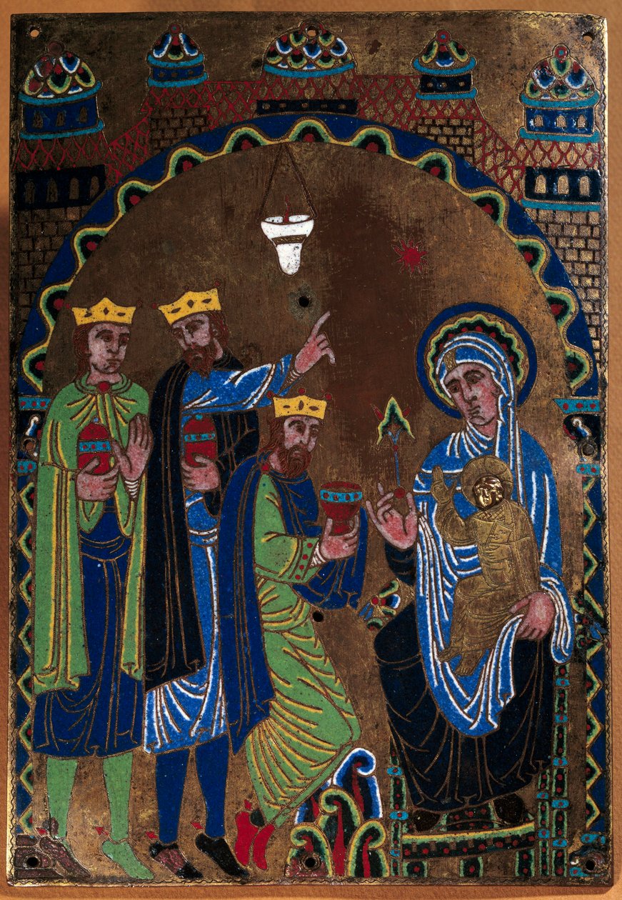 Deska hlavního oltáře opatství Grandmont: Klanění tří králů. Smalt dore a dláto na mědi. 1275-1300. Z Limoges. Paříž, Národní muzeum středověku, Thermes de Cluny od French School