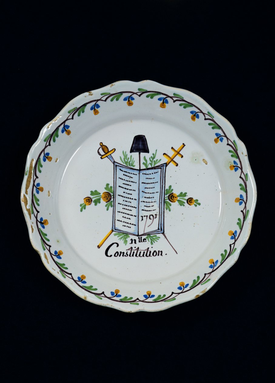 Deska zdobená Knihou Ústavy, spojenou se třemi řády, 1791 (keramika) od French School