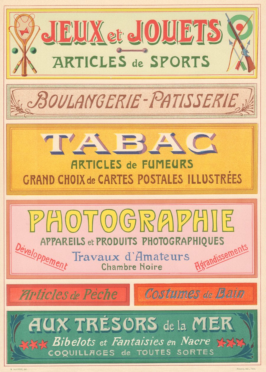 Talíř č. 20: Modely nápisů pro secesního malíře dopisů (Hry a hračky, Pekárna-cukrárna, Tabák, Fotografie). od French School