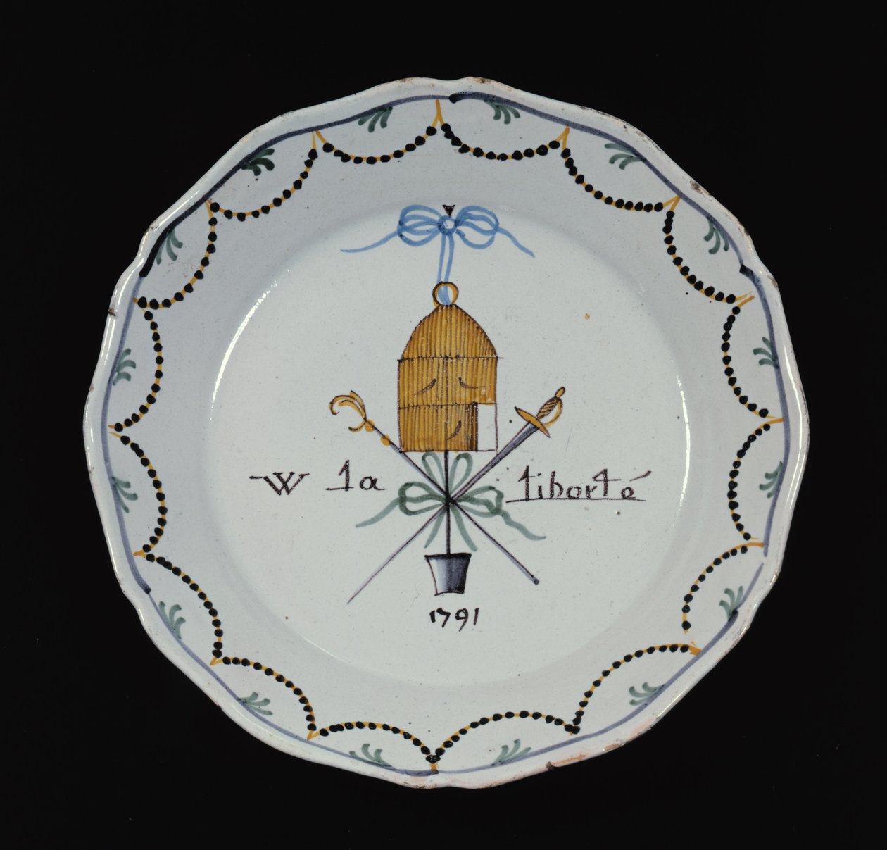Talíř s otevřenou ptačí klecí a legendou Vive la Liberte, 1791 (keramika) od French School