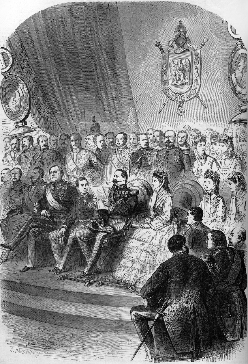 Plebiscit z roku 1870: předložení oficiálního prohlášení výsledků Napoleonovi III. (1808-1883). Přítomni jsou také císař Eugenie de Montijo (1826-1920), její syn princ Imperial (1856-1879), princezny Mathilde Bonaparte (1820-1904) a Clo od French School