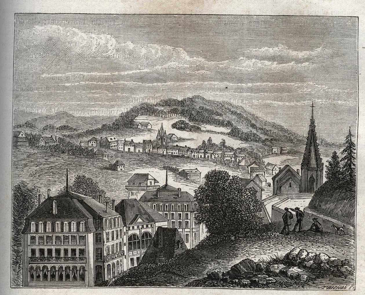 Plombieres-les-Bains (Plombieres les Bains) termální letovisko Vogézy - rytina v „La France illustree: geografie, historie, statistická správa“ od V.A. Sladově hnědá. 1884 od French School