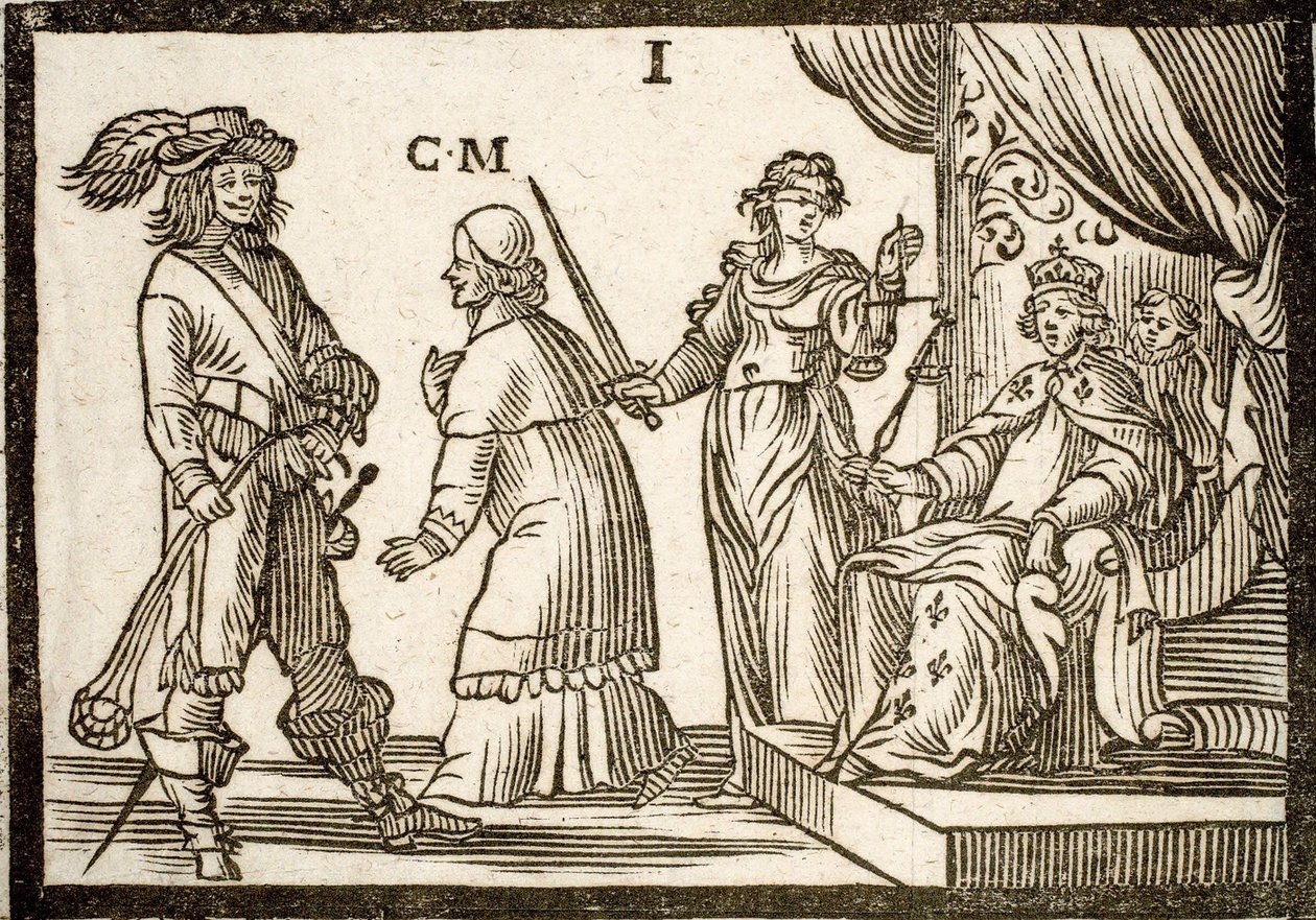 Politické brožury Mazarináda: Mazarin vyhnán Spravedlností a Prakem, opouští krále (Ludvík XIII.). Ryté dřevo 1651. od French School