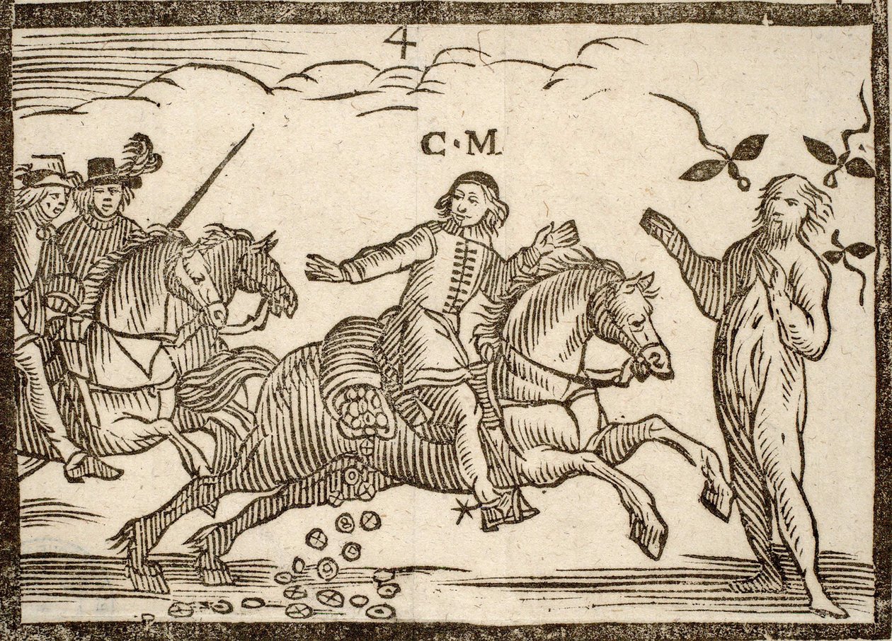Politické brožury Mazarinade: Mazarin ve svém letu shazuje Ecus: před ním stojí stín Concini, maršála Anchor. Ryté dřevo 1651. od French School