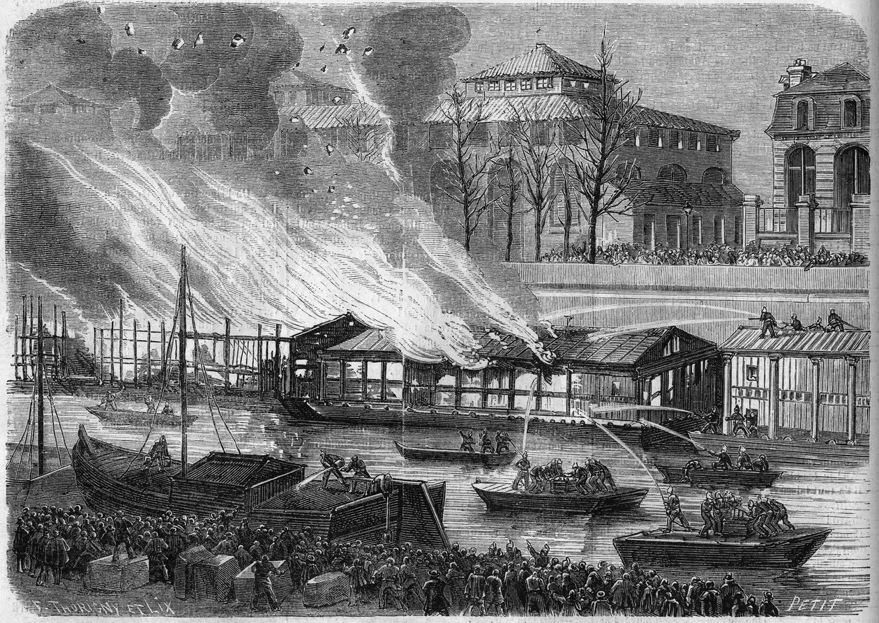 Hasiči se snaží uhasit požár lodí plavecké školy na kanálu Saint Martin v Paříži, 5. ledna 1864. Rytina v ""Le Monde Illustre"" č. 553 ze dne 16. ledna 1864. od French School