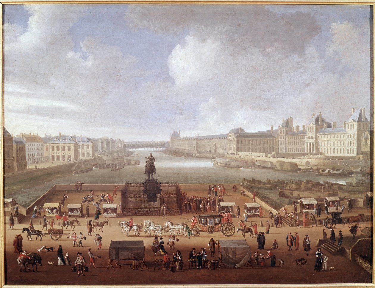 Pont-Neuf, Paříž, při pohledu od vstupu na náměstí Place Dauphine zobrazující 4 Nations College, Quai Malaquais a Louvre (olej na plátně od French School