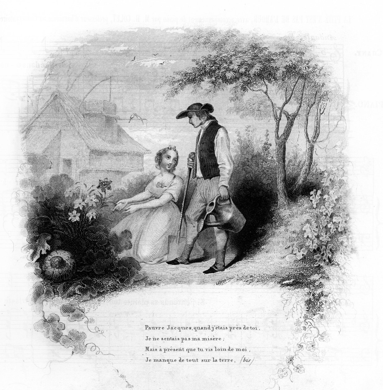Chudák Jacques. Mladá dívka klečí před květinami poblíž zahradníka. Rytina do „“ Chants et chansons populaire de la France“, Tome 2 od French School