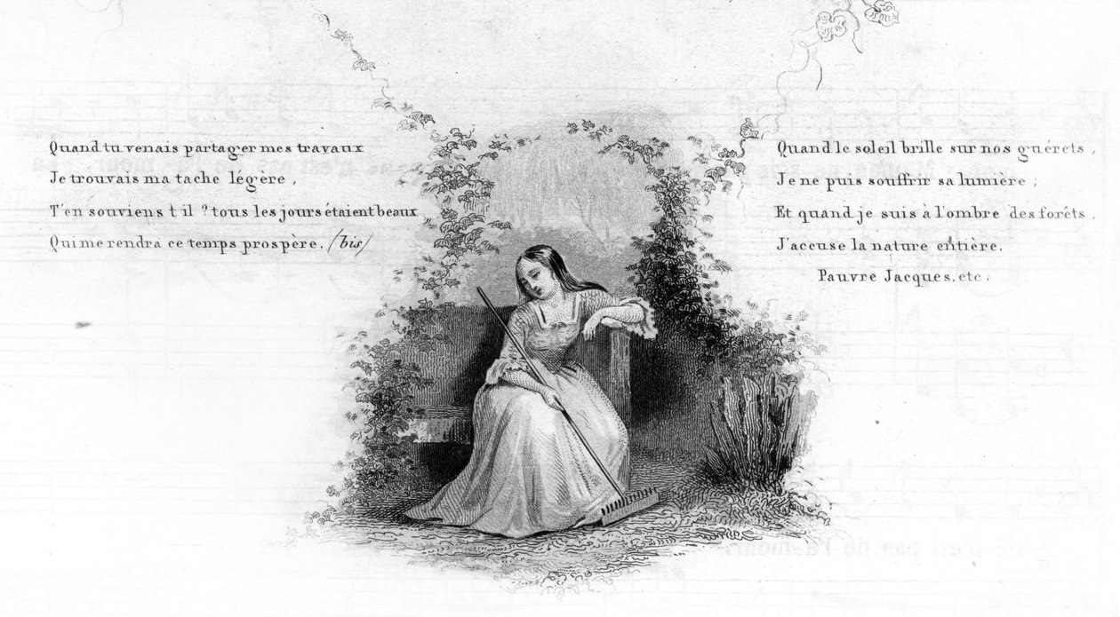 Chudák Jacques. Dívka sama sedí na lavičce, drží hrábě. Rytina do „“Písně a populární písně Francie“, svazek 2 od French School