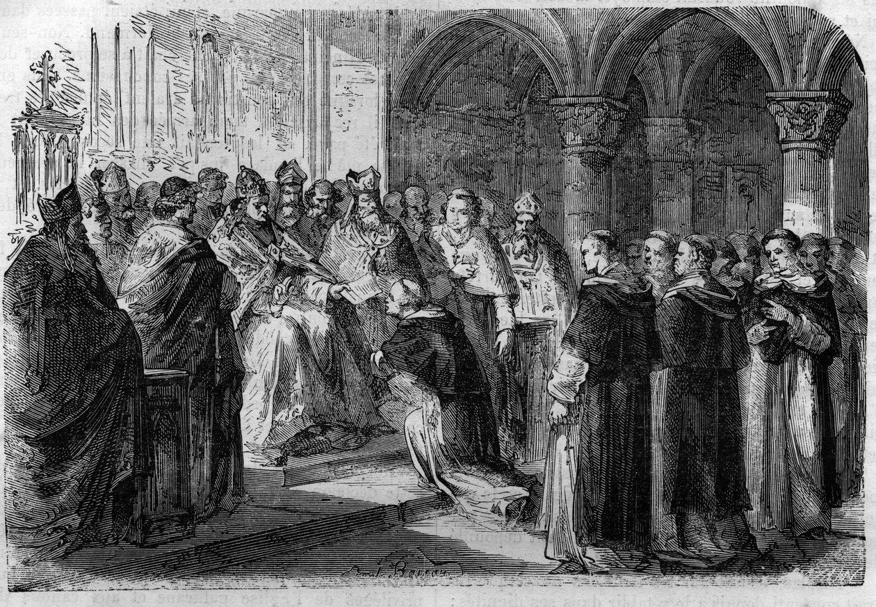 Papež Adrien II. (792-872) předal jednomu ze svých legátů bublinu exkomunikace proti lordu Normandovi. Rytina v „Histoire des Papes-Rois-Queen and Empereurs a travers les století“ od Maurice Lachatre od French School