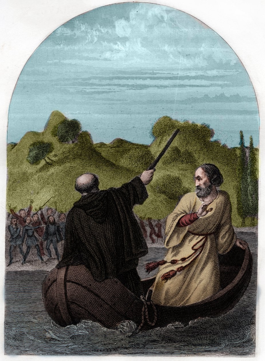 Papež Evžen IV. (Eugenio, Eugenius) (1431-1447) prchá na člunu, aby unikl hněvu Římanů - PAPEŽ EUGENIUS IV. (Gabriele Condulmaro) proti mocnému rodu Colonnů musí uprchnout z Říma, zatímco jeho nepřátelé volí protipapež - Rytina f od French School