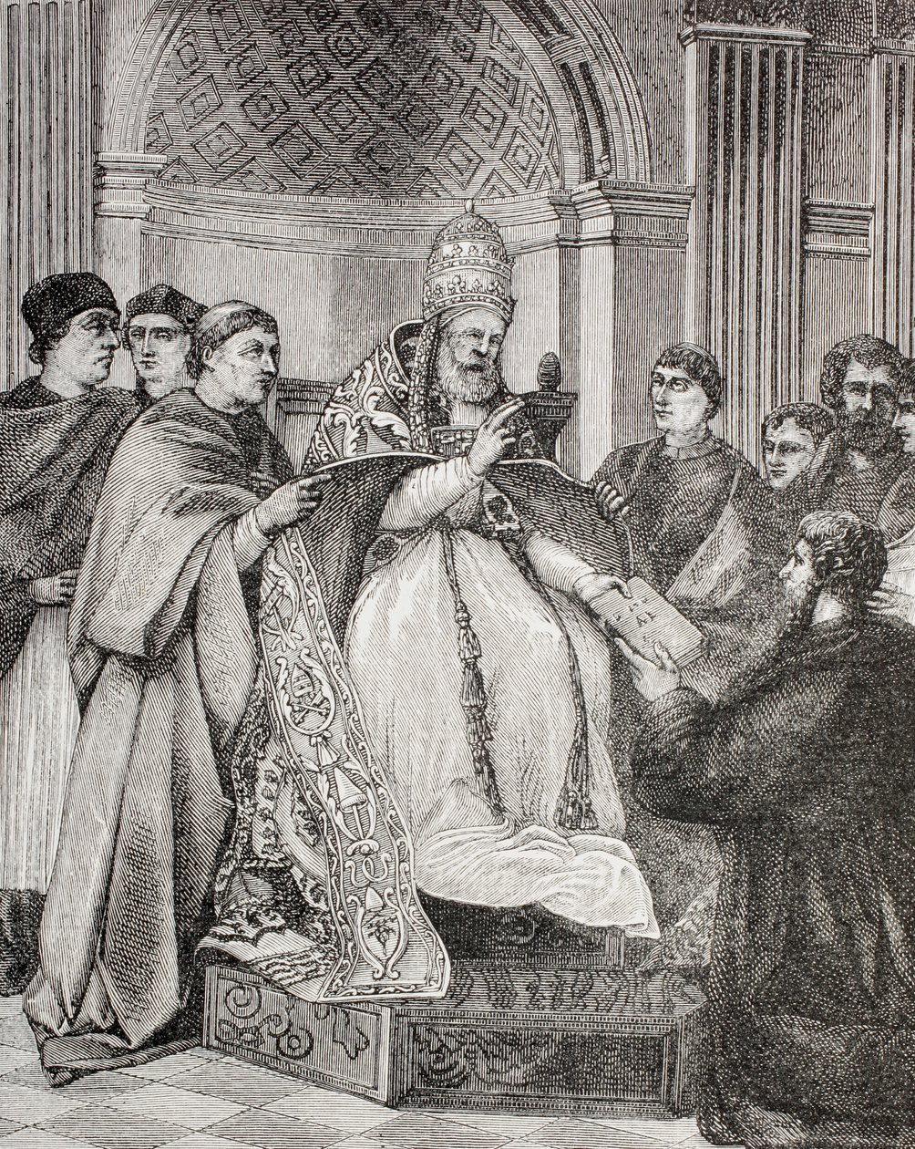 Papež Řehoř IX. předává dekretály obhájci konzistoře z knihy „Vojenský a náboženský život ve středověku“ od Paula Lacroixe, vydaná v Londýně kolem roku 1880 od French School