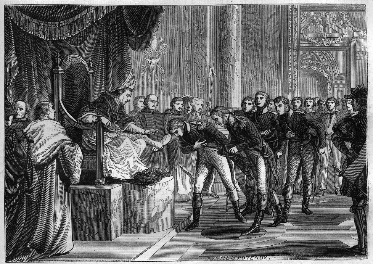 Papež Pius VII (1742-1823) přijímá v Římě francouzské námořníky členy posádek dvou cihel „Svatý Petr“ a Svatý Pavel““, které Bonaparte nabídl papeži jako dar, srpen 1802 – rytina z roku 1865 v „Histoire“ du Consulate et de l