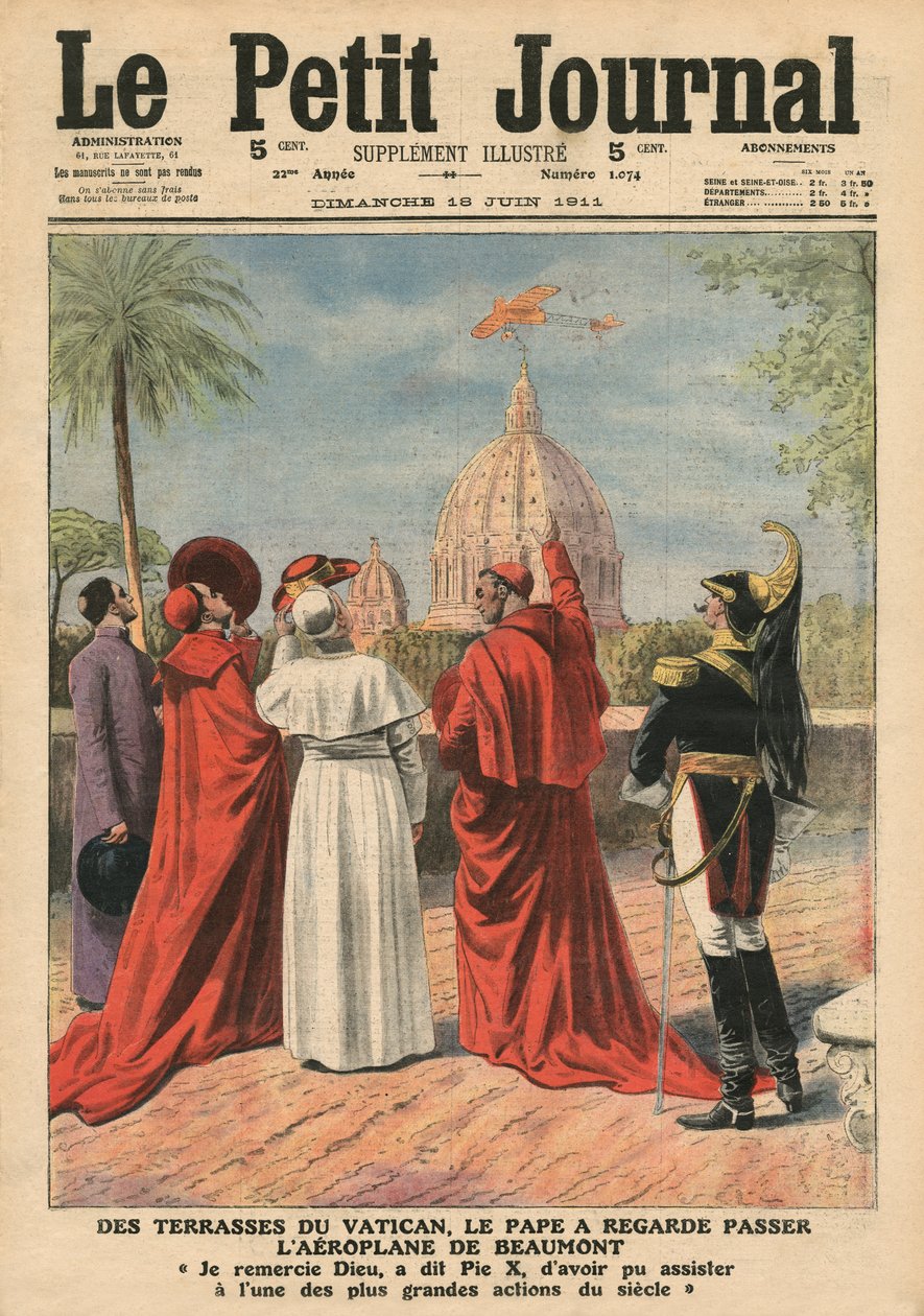 Papež Pius X. sleduje letadlo Andre Beaumonta letícího nad Římem z vatikánské terasy, ilustrace z 