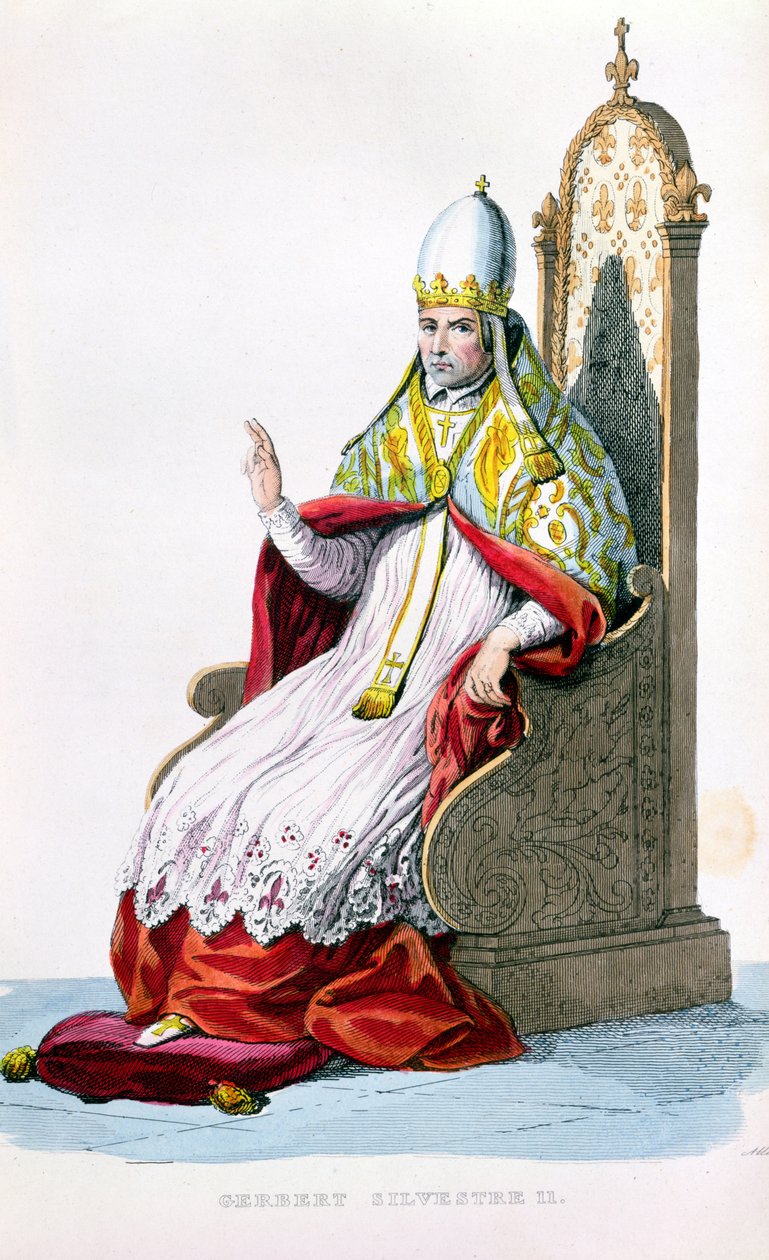 Papež Silvestr II., z le Plutarque Francais od E. Mennecheta, Paříž, 1835 (barevná rytina) od French School