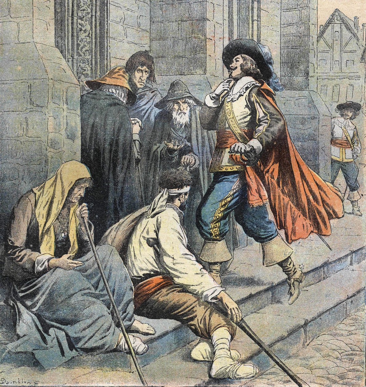 Porthos vracející se do kostela Saint Leu je viděn D