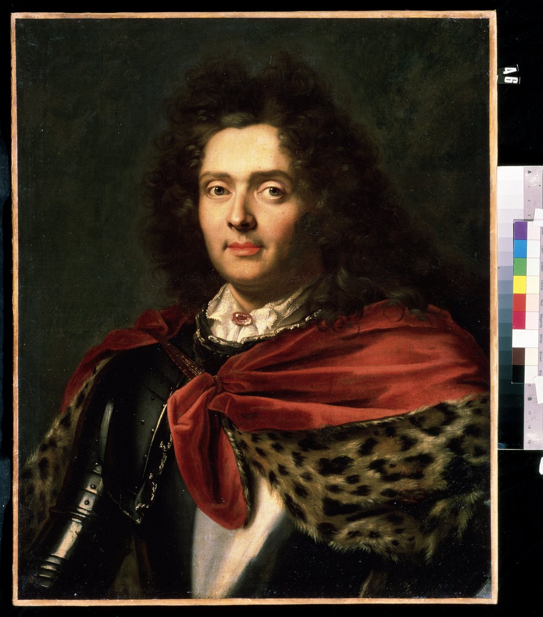 ""Portrét francouzského aristokrata 18. století"" Přes brnění má na sobě kožešinový plášť. Francouzská školní malba z poloviny 18. století Muzeum umění Michaila Krošitského, Sevastopol (Sevastopol) Ukrajina od French School