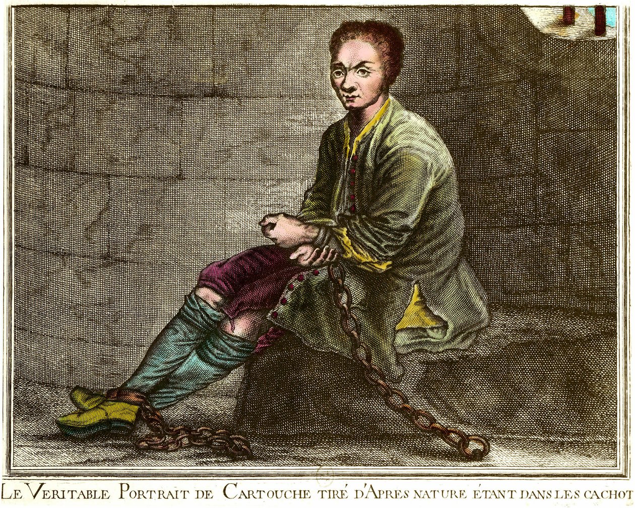 Portrét en pied de Louis Dominique Cartridge (1693-1721), francouzský lupič ve svém žaláři Rytina z 18. století Soukromá sbírka od French School