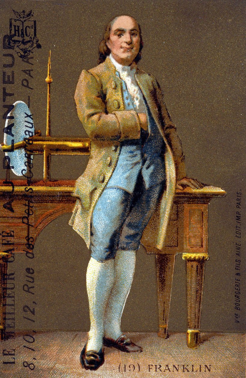 Portrét Benjamina Franklina, amerického politika a fyzika (1706-1790), v nohách - chromo., deb. 20. století od French School