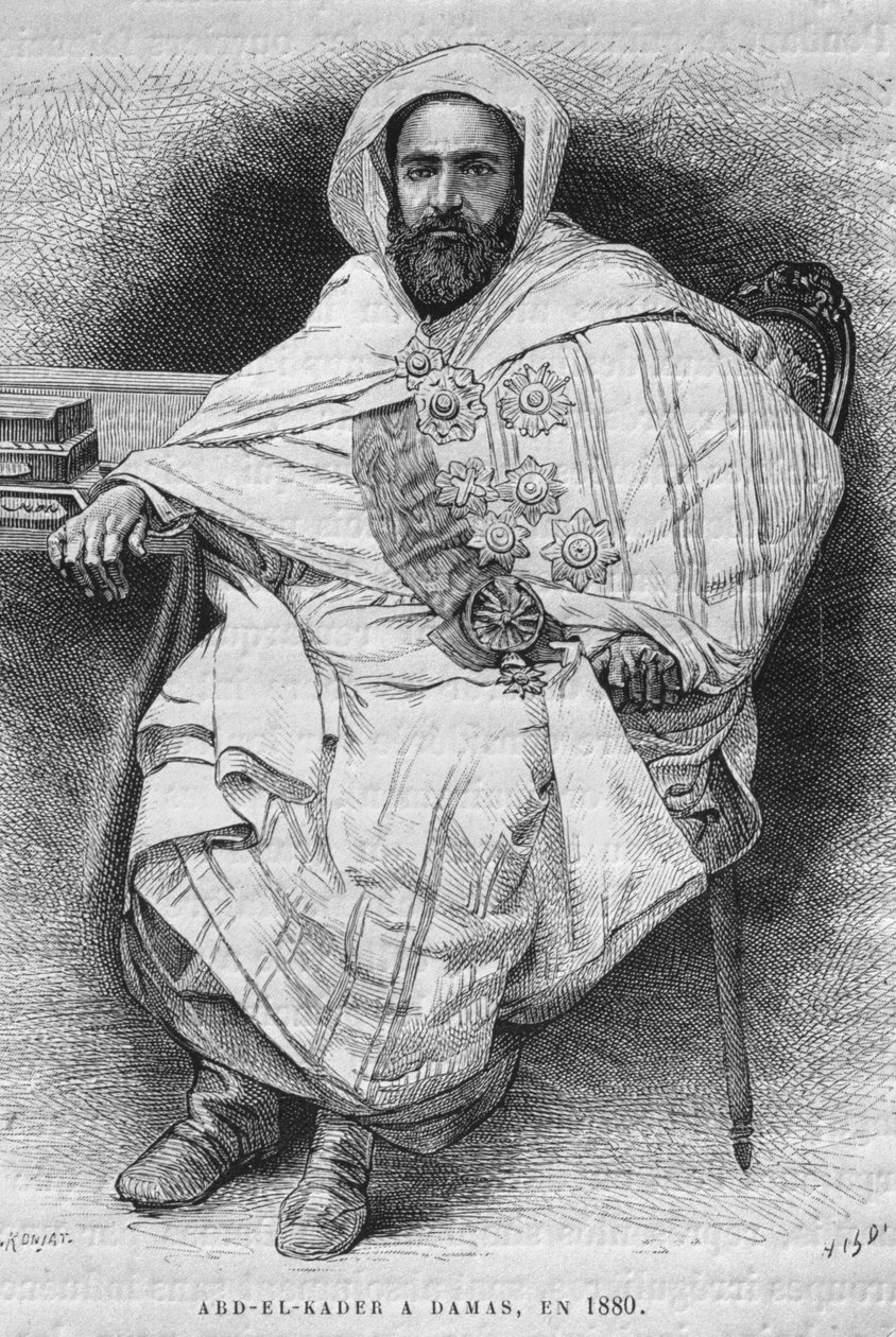 Portrét Abd el-Kadera v Damašku v roce 1880 (1808-83), z dnešní Sýrie. Cestuje po Fénicii, Libanonu a Judeji. 1875-1880 Louis Charles Emile Lortet, 1884 (č. rytina) od French School