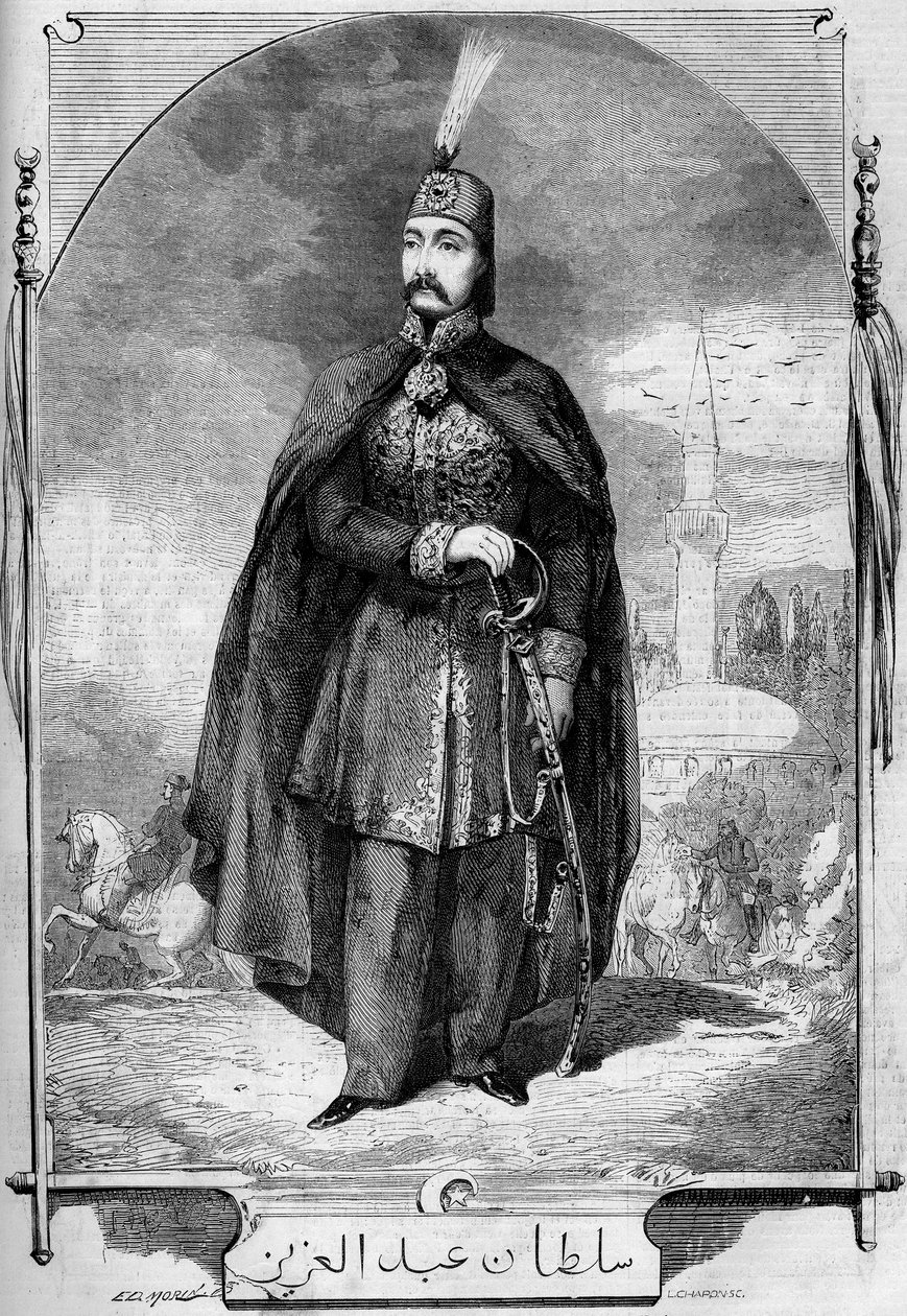 Portrét Abdul Aziz (Abd-ul-Aziz nebo Abd Ul Aziz nebo Abdulaziz) 1830-1876), sultána Osmanské říše. Rytina v „“ Le Monde Illustré““ č. 224 z 27. července 1861. od French School