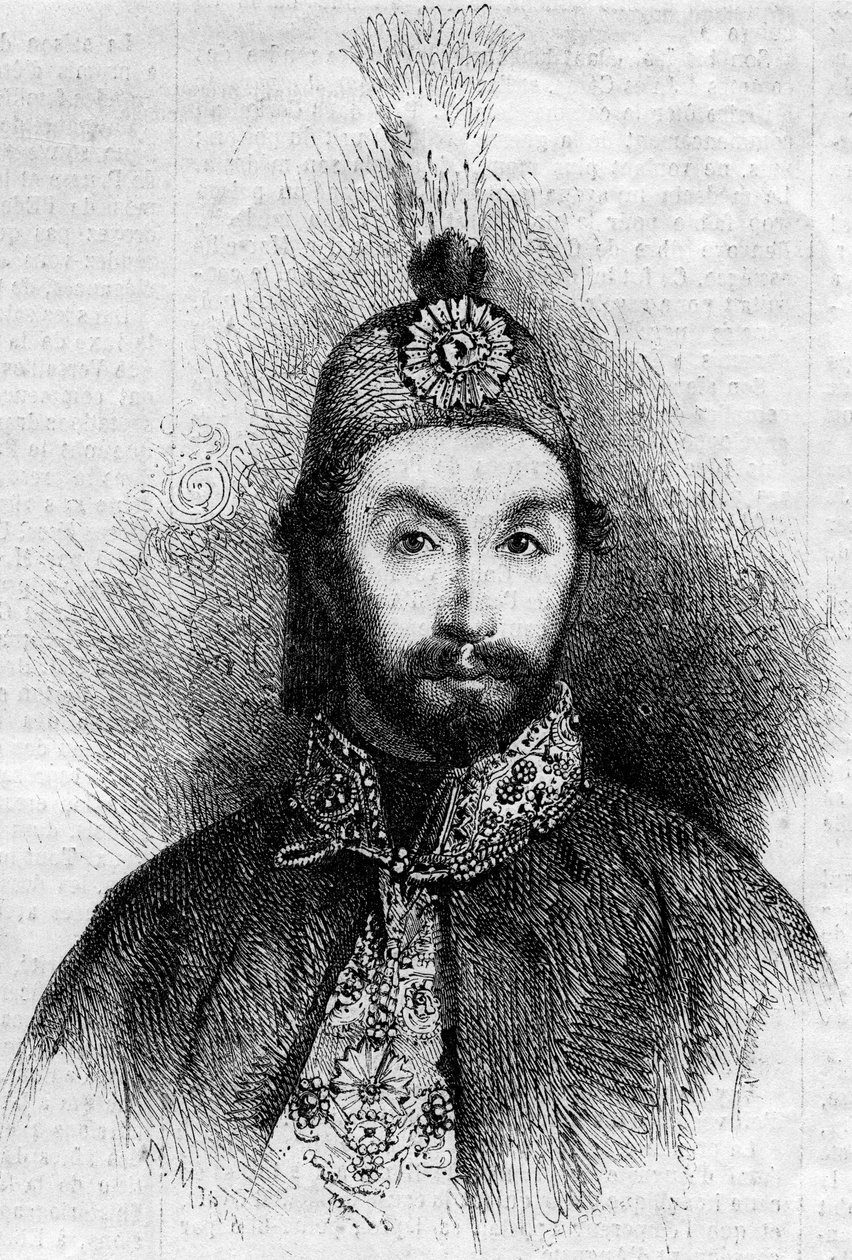 Portrét Abdulmecita I. (Abdul-Medjid-Khan, Abdul Medjid Khan) (1823-1861), sultána Osmanské říše. Rytina v „“ Le Monde Illustré““ č. 221 ze 6. července 1861. od French School