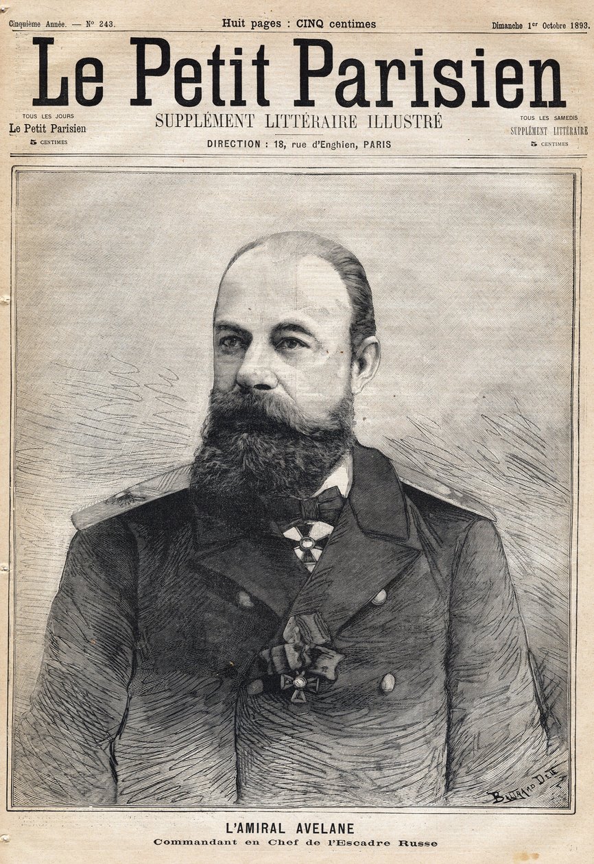 Portrét admirála Avelane velitele ruské eskadry. Jeden z novin „Le Petit Parisien““ dne 10.1.1893. od French School