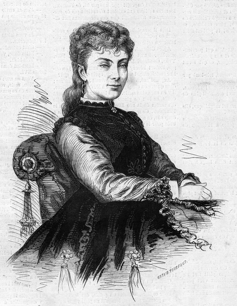 Portrét Aimee Desclee (cca 1837-1874), francouzského komika. Rytina v „“ Le Monde Illustré““ č. 883 ze 14. března 1874. od French School
