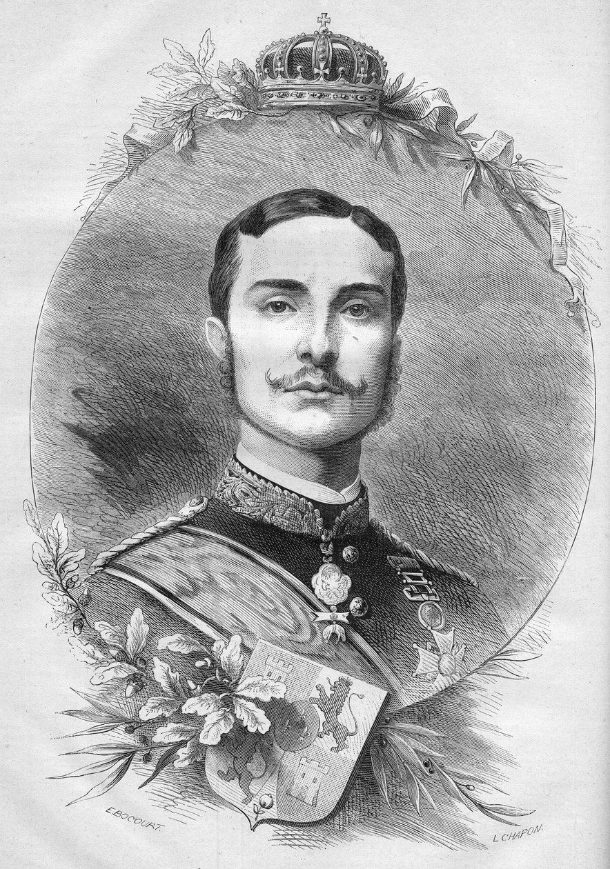 Portrét Alfonse XII (Alfonso) (1857-1885), španělského krále. Rytina v „“ Le Monde Illustré““ č. 1085 z 19. ledna 1878. od French School
