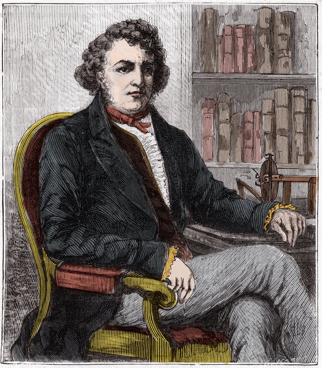 Portrét Andre Marie Ampere (1775-1836) Francouzský fyzik - Andre-Marie Ampere (1775-1836), francouzský fyzik a průkopník elektrodynamiky - Rytí do „“ Sciences mise à la range de tous – fyzika et chimie populaires““ od Alexise Klerik – konec 19. st od French School