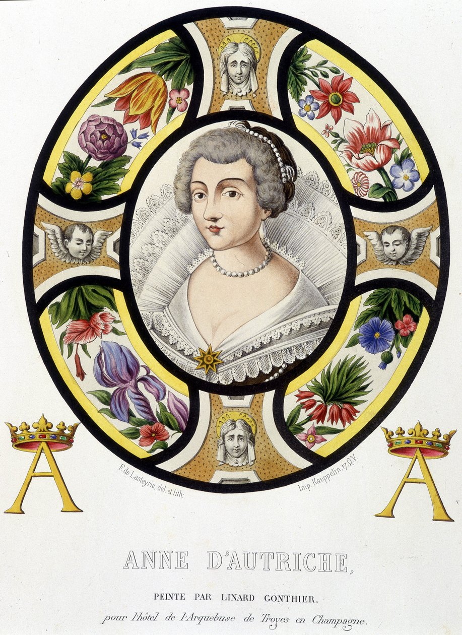 Portrét Anny Rakouské, královny Francie (1601-1666). Faksimile vitráže ze středověku v „Histoire de la peinture sur verre““ od Ferdinanda de Lasteyrie od French School