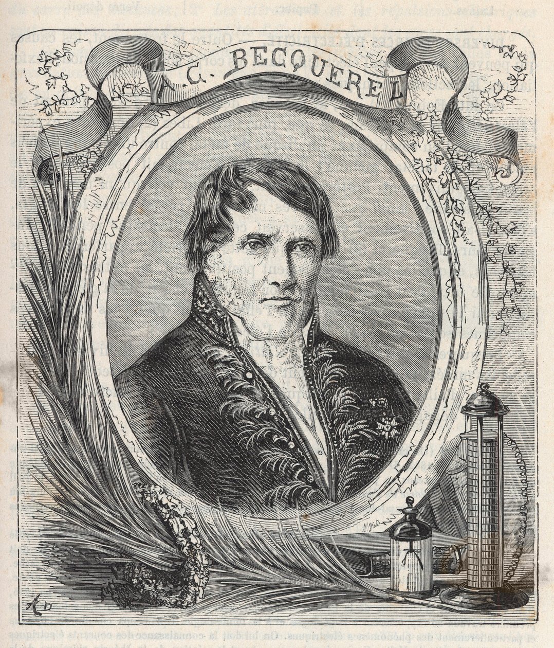 Portrét Antoina Cesara Becquerela (1788-1878), francouzského fyzika – rytina do „Sciences à la gridte de tous – populární fyzika a chemie“ od Alexise Clerca – konec 19. století – soukromá sbírka od French School