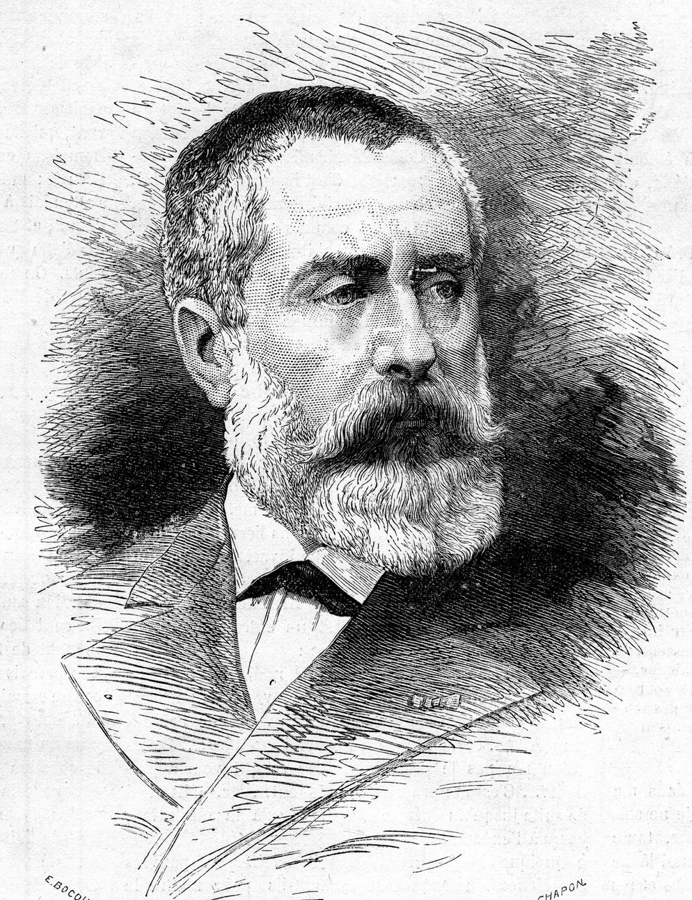 Portrét Augusta Emmanuela Vaucorbeila (1821-1884), francouzského skladatele a ředitele pařížské opery. Rytina v „“ Le Monde Illustré““ č. 1165 z 26. července 1879. od French School