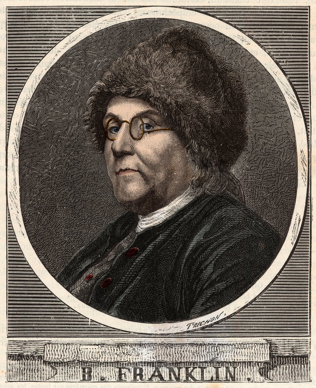 Portrét BENJAMINA FRANKLINA (1706-1790) Americký tiskař, nakladatel, vědec, vynálezce, státník a diplomat - Portrét Benjamina Franklina (1706-1790), amerického fyzika, filozofa a politika - Rytina v „“ Vědy přivedené na dosah o od French School